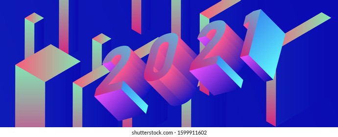 Poster for 2021 New Year with 3D isometric digits in holographic neon gradient colors. Trendy cover in synthwave and vaporwave style.