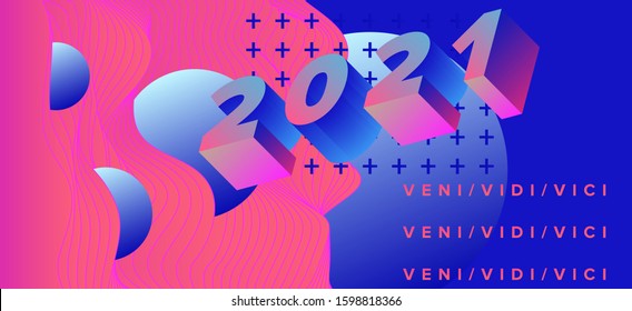 Poster for 2021 New Year Party with 3D isometric digits in holographic neon gradient colors.