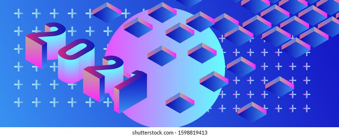 Poster for 2021 New Year Party with 3D isometric digits in holographic neon gradient colors. Trendy cover in synthwave and vaporwave style.