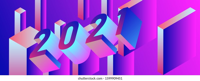 Poster for 2021New Year with 3D isometric digits in holographic neon gradient colors.