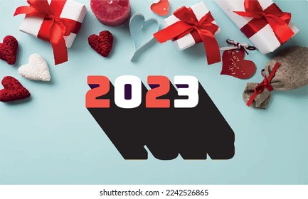 Poster with 2023 text on background decorated with gift wrapping and hearts