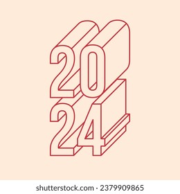 Poster 2024. Retro banner with text 3D effect. Linear retro text 2024 in square shape. Vector illustration. Cute outline design in 80s style