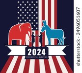 Poster for 2024 U.S. Presidential Election with American flag, a red elephant - Republican, and a blue donkey - Democrat. Two silhouettes in the center represent the political debate between parties