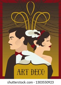 Poster for 20s style or gatsby party with retro lady and gentleman, vector illustration