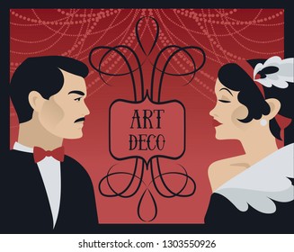 Poster for 20s style or gatsby party with retro lady and gentleman, vector illustration