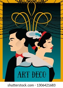 Poster for 20s style party with retro lady and gentleman, vector illustration