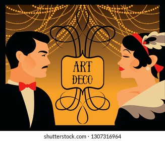 Poster for 20s style party with retro lady and gentleman, vector illustration