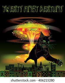 Poster "21 century". Nuclear explosion, city and 1 black predatory cat on the black background.