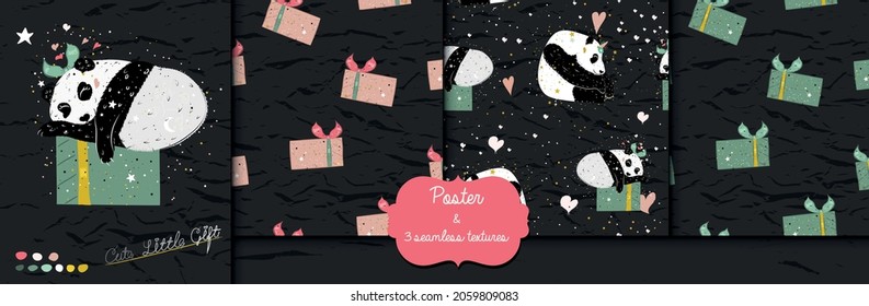 Poster and 3 seamless textures with panda and gift boxes. Perfect for textile and wrapping paper. EPS10