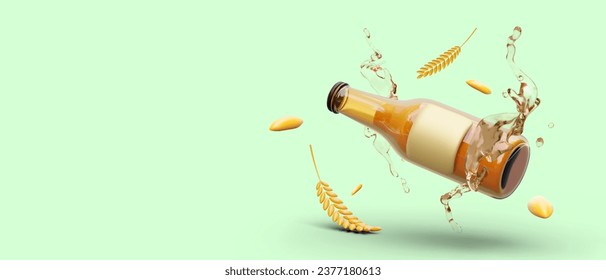 Poster with 3d bottle of beer, splash of drink and wheat. Advertising placard for ale store in green colors. Best beer concept. Drink from natural products. Vector illustration in 3d style