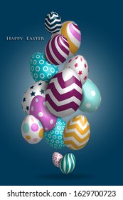 Poster with 3D Easter eggs on blue background. Easter holiday celebration concept.