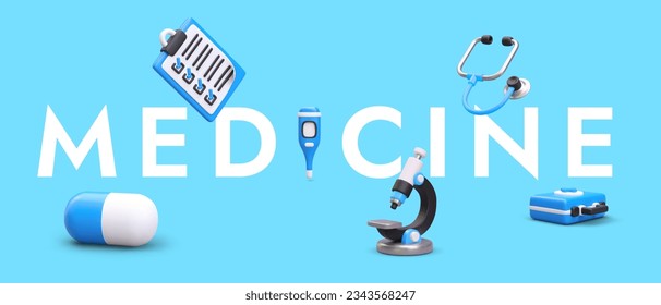 Poster with 3D elements and title Medicine. Inscription on blue background, medical equipment, accessories, pills. Concept for medical website, application, blog