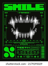 Poster with 3D iron teeth. Stylish print in techno style for streetwear, print for t-shirts and sweatshirts on a black background