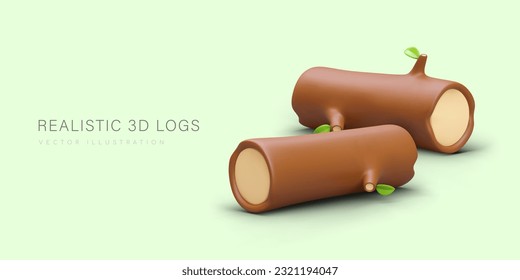 Poster with 3D logs. Sawn wide tree trunks with brown bark. Natural material for construction, furniture production. Advertising template for logging, sawmill, woodworking business