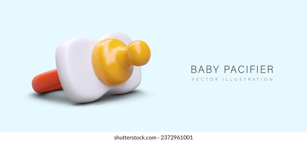 Poster with 3d realistic baby orthodontic pacifier. Child growing concept. Calm child concept. Placard with place for text. Newborn care item. Vector illustration