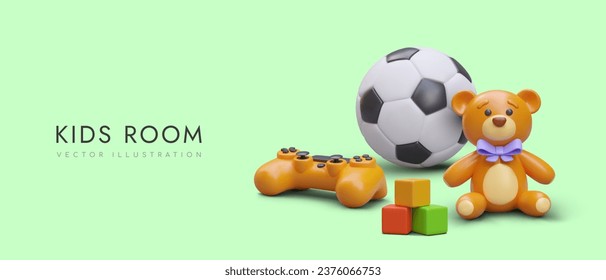 Afiche con bola 3d realista para el partido de fútbol, pase de juego, juego educativo con cubos y oso de peluche. El concepto de habitación infantil. Ilustración vectorial con lugar para texto y fondo verde