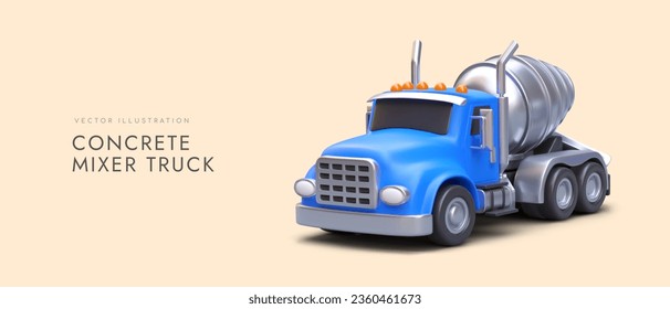 Poster with 3d realistic concrete mixer truck in blue colors. Car for transportation of ready-made cement mortar. Colorful vector illustration with place for text