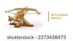 Poster with 3d realistic crossbow toy. Weapon for defense. Element for online computer game. Protect your town concept. Vector illustration in yellow colors and place for text
