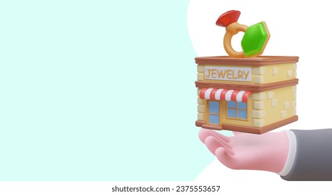 Poster with 3d realistic hand holding model of magazine selling jewelry. Placard with blue background and place for text. Sale of expensive jewelry concept. Vector illustration