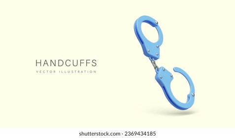 Poster with 3d realistic handcuffs in blue colors. Object for play. Game for couples concept. Playing cop and getting arrested. Vector illustration for intimate goods store