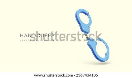 Poster with 3d realistic handcuffs in blue colors. Object for play. Game for couples concept. Playing cop and getting arrested. Vector illustration for intimate goods store