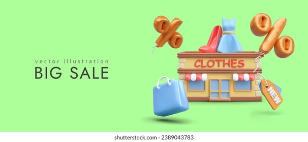 Poster with 3d realistic model of store with clothes for female and place for text. Buying clothes for women in boutique. Shopping concept. Vector illustration with green background