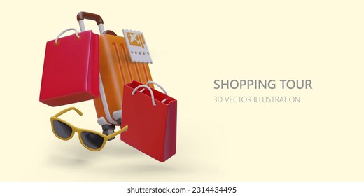 Poster with 3d realistic shopping bags, sunglasses and trolley bag. Travel luggage concept. Luggage for journey. Vector illustration in orange and red colors