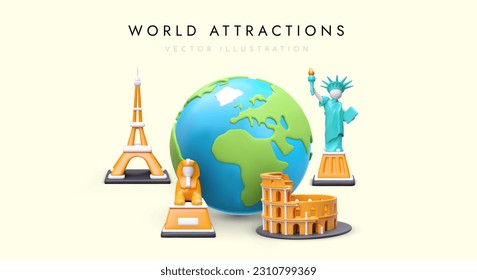 Poster with 3D sights of world. Landmarks of different continents. Travels around globe. Choose where you want to go on vacation abroad. Realistic color illustration in cartoon style