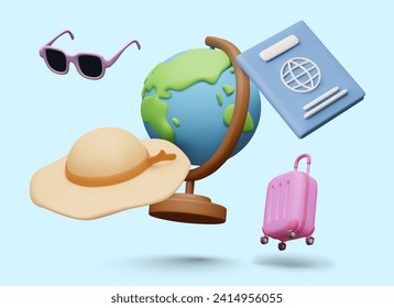 Poster with 3D symbols of modern tourism. Globe, sun hat, plastic suitcase, passport, sunglasses. Vector composition on blue background. Comfortable travel and rest