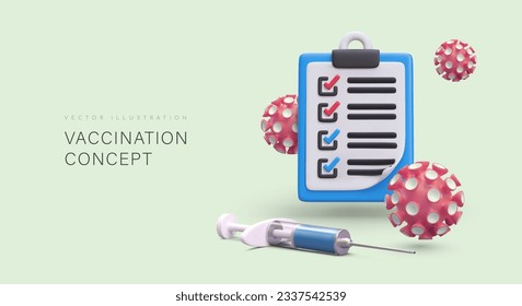 Poster with 3d syringe and checklist. Flu or coronavirus vaccination. Time to get vaccinated against diseases. Protection from pandemic outbreak. Vector illustration with place for text