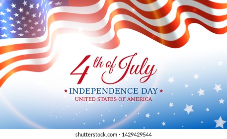 Poster 4th of july usa independence day, vector template with american flag and shining sun on blue shining starry background. Fourth of july, USA national holiday. Vector illustration, banner