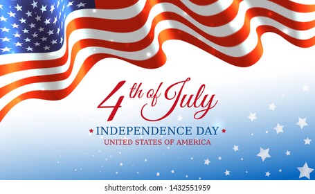 Poster 4th of july usa independence day, vector template with american flag and shining sun on blue shining starry background. Fourth of july, USA national holiday. Vector illustration, banner