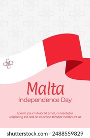 Poster for the 60th anniversary of Malta's Independence Day. In the center of poster is the Maltese flag on gray background with maltese cross pattern. For card, website, print, design, social media