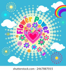 Poster in 70s or 60s style with Hippie flower power colorful slogan, flowers, rainbow and pink heart shape print on the sun for girl tee, t shirt design, summer party on mint color background