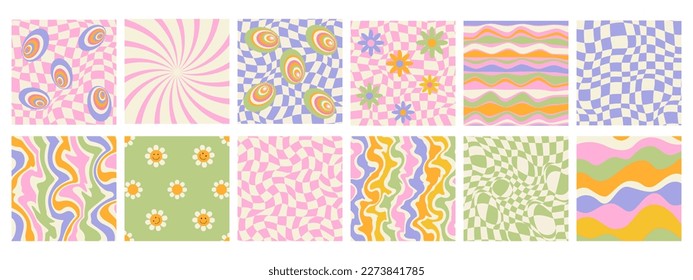 Poster with 70s retro style. Big set of isolated 1970s Retro pattern groovy trippy. Wavy Swirl Pattern. Flowers and psychedelic patterns. Abstract background. Hippie Aesthetic. Vector Illustration