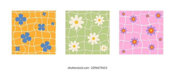 Poster with 70s retro style.Set of isolated 1970s Retro Daisy pattern groovy trippy. Trippy Grid, Wavy Swirl Pattern. Flowers and psychedelic abstract background. Hippie Aesthetic. Vector Illustration