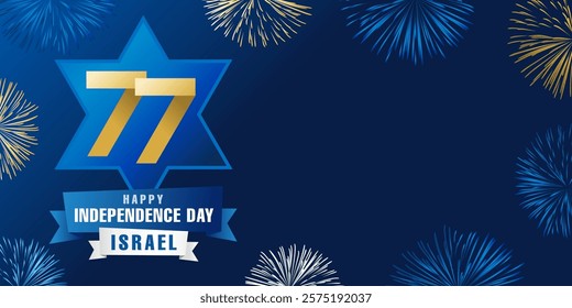 Poster for the 77th anniversary of Israel's Independence Day. Greeting banner with 77 years logo Yom Ha'atzmaut and fireworks. Vector illustration