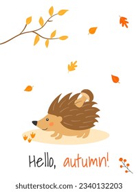 Poster in A4 format with a cute hedgehog, mushroom and autumn leaves in cartoon style. Forest animals and plants. Hello, autumn.