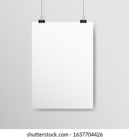 Poster A4 mockup. White vertical empty paper with clips. Realistic template hanging on a light wall. White sheet with soft shadow. Banner on a rope. Vector illustration.