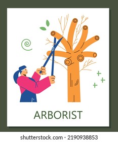 Poster About Arborist Work Flat Style, Vector Illustration Isolated On Green Background. Professional Woman Doing Tree Trimming With Special Device, Care For Nature