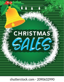 Poster about Christmas sales on striped green background and yellow bell. White circular ornament and white and blue letters in the center