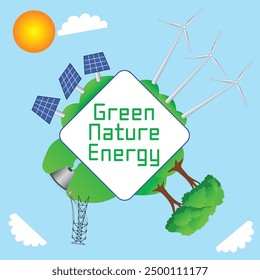 Afiche sobre energía verde limpia y renovable. El cartel contiene tipos de fuentes de energía renovables de la naturaleza para educar y alentar el uso de energía renovable para mejorar el clima de la tierra.