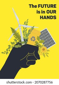 A poster about climate change. With the slogan, the future is in our hands. A hand with a windmill, a garbage can and a solar battery and plants.