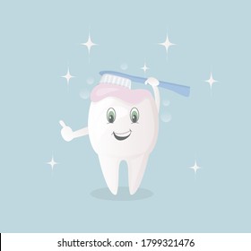 a poster about daily oral hygiene. Funny cute character - white healthy tooth, which washes and brushes itself with toothpaste and brush. It's important to brush your teeth every day. Flat design.
