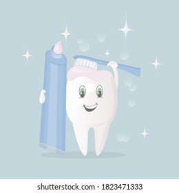 a poster about daily oral hygiene. Funny cute character - white healthy tooth, which holds a toothbrush with paste. It's important to brush your teeth every day. Flat vector design