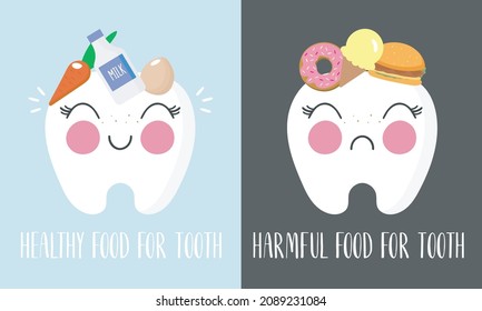 Poster about dental hygiene in cartoon style. The illustration shows funny teeth with healthy food and harmful food. Dental concept for children dentistry and orthodontics. Vector illustration.