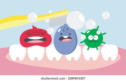 Poster About Dental Hygiene In Cartoon Style. The Illustration Shows Funny Teeth, Microbes, Toothbrush. Dental Concept For Children Dentistry And Orthodontics. Vector Illustration.