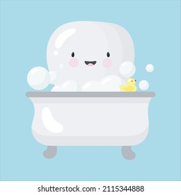 Poster about dental hygiene in cartoon style. The illustration shows funny tooth who takes a bath. Dental concept for children dentistry and orthodontics. Vector illustration.