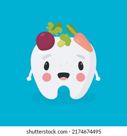 Poster about dental hygiene in cartoon style. The illustration shows funny tooth and healthy food for him. Dental concept for children dentistry and orthodontics. Vector illustration.