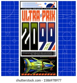 A poster about a fictional aircraft race that will take place in space. It shows the design of an aircraft seen from above as well as information about that event.